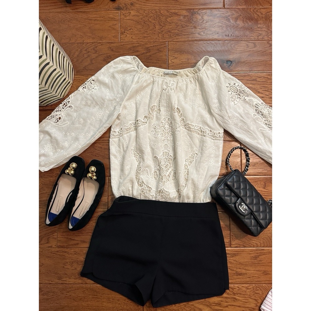 Alice + Olivia White Eyelet Lace Blouse Lined Dual Layer Boho Crochet Top XS